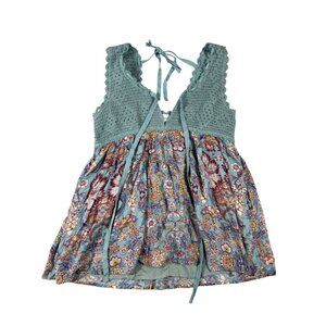 Heyson Floral Crochet Halter Babydoll Mini Dress Shirt Boho Cottagecore Teal SZ